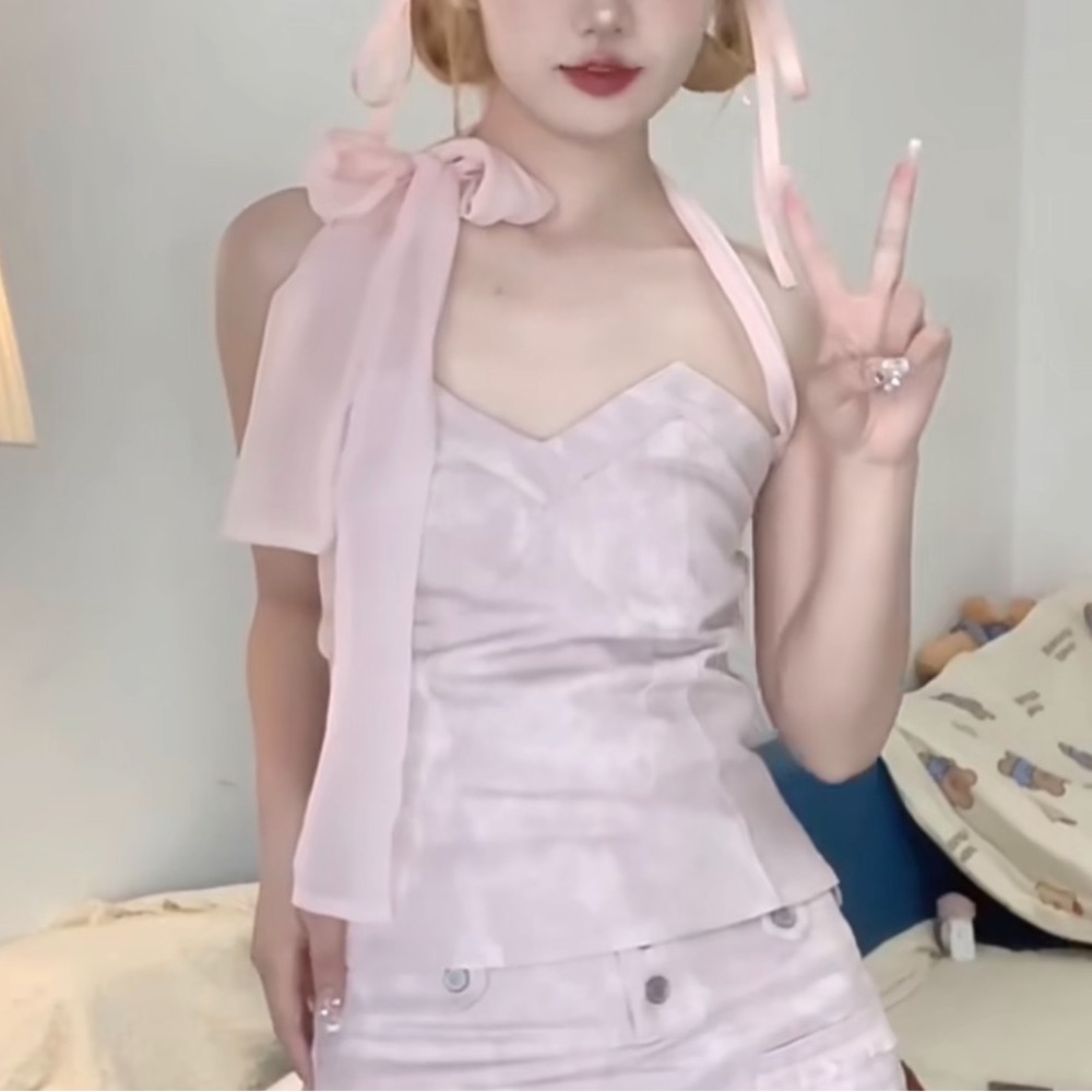 Japanese Kawaii Y2K Balletcore Denim Pastel Pink Ribbon Bow Halter Top Blouse